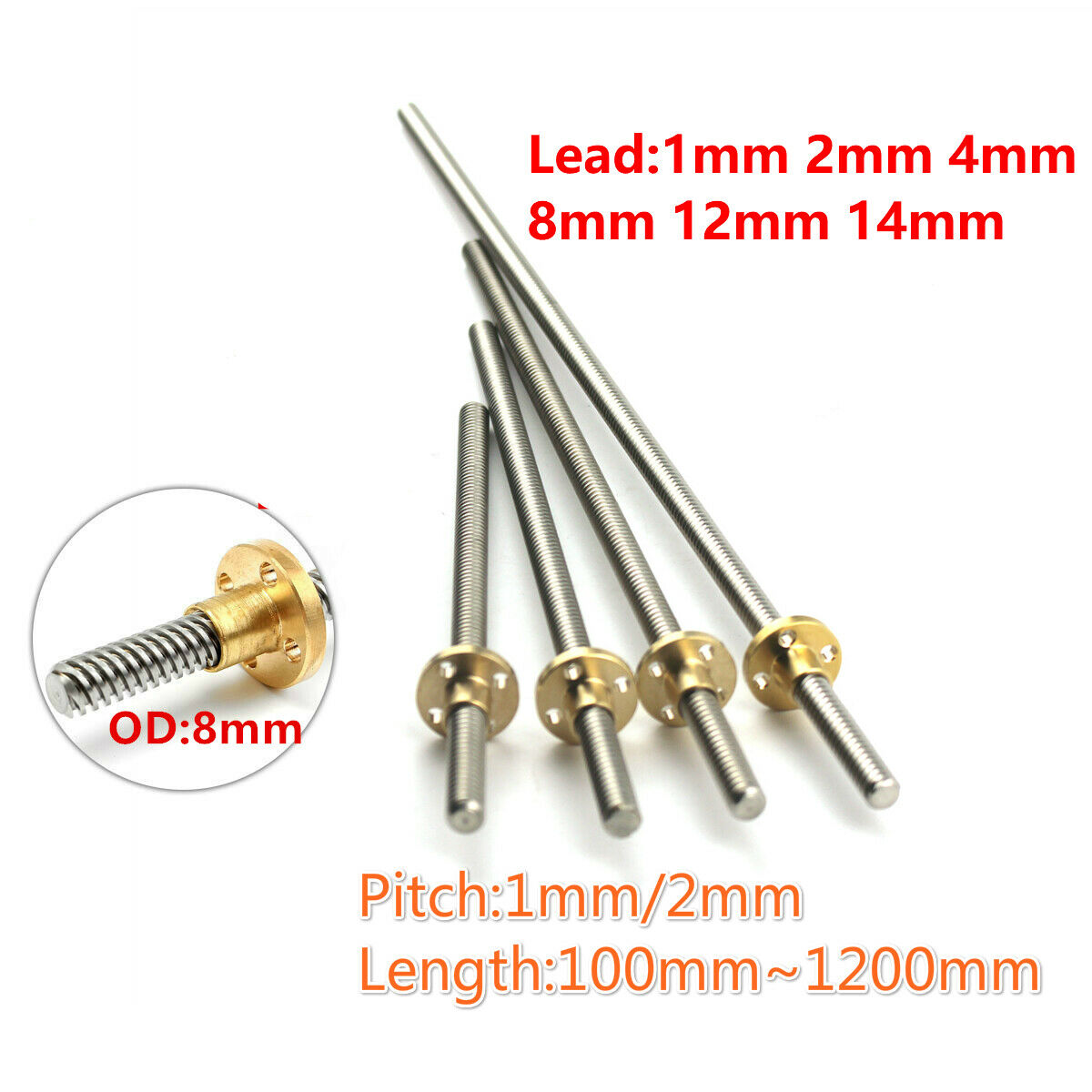 T8 Lead Screw Pitch1/2mm Lead 1/2/4/8/12/14mm Rod Stainless Lead Screw+brass Nut
