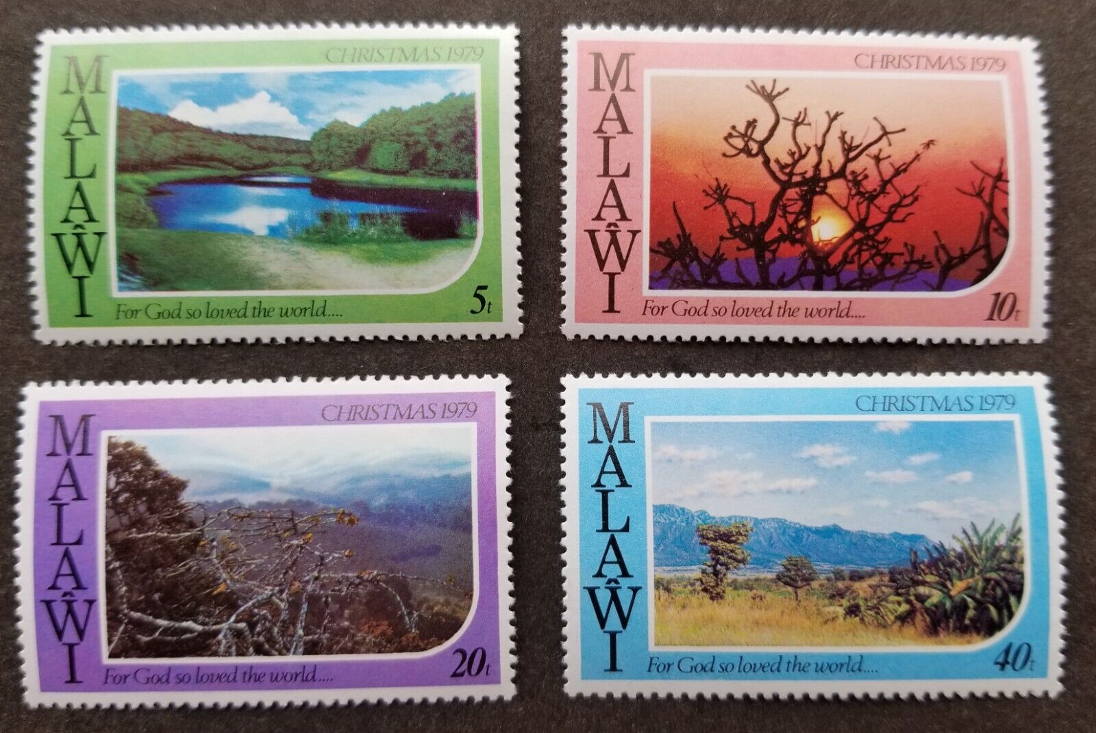 *free Ship Malawi Christmas 1979 Tree Mountain Lake Forest Sunset (stamp) Mnh