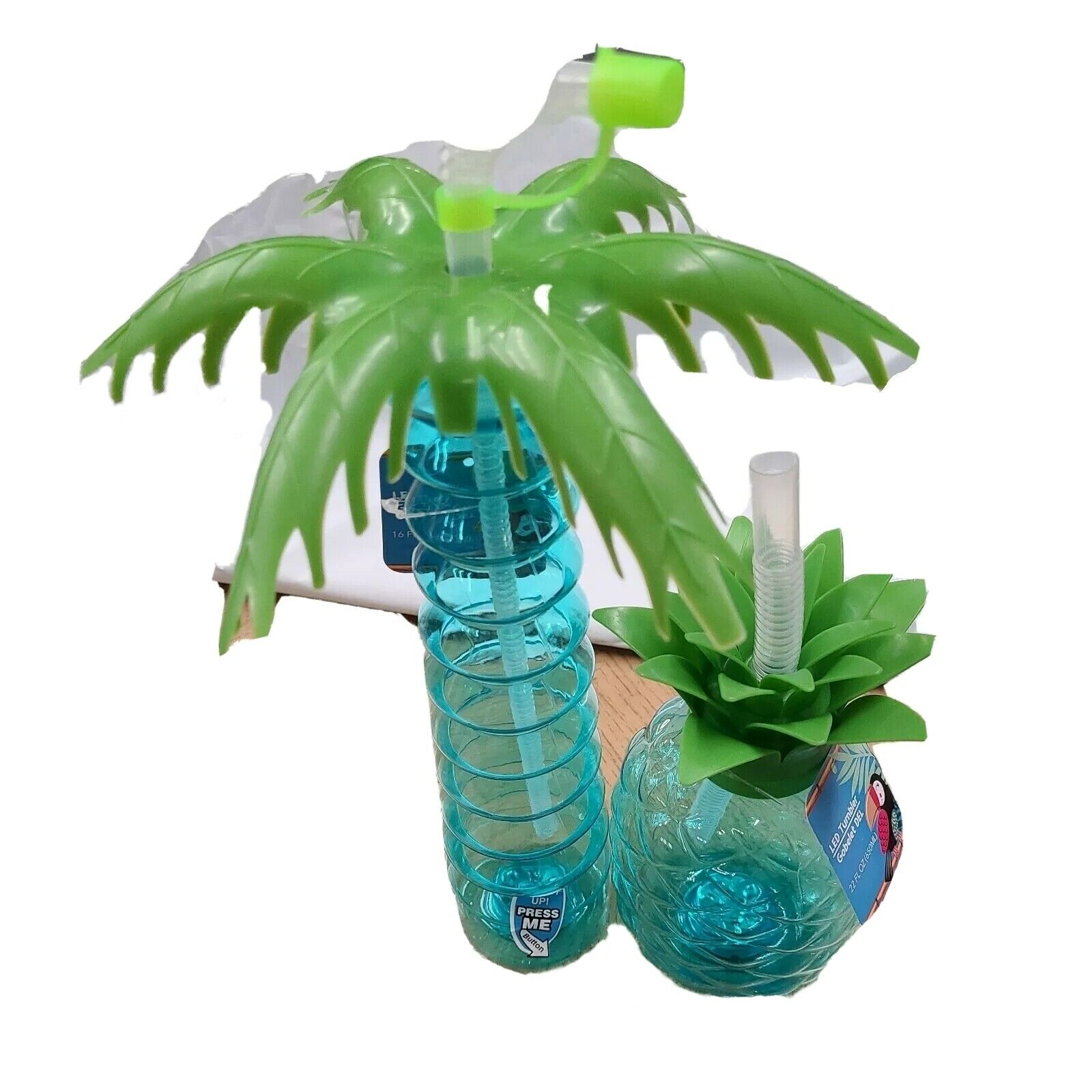 Palm Tree & Pineapple Pink Or Blue Led Tumbler Straw One Of Each 16 & 22 Fl Oz.