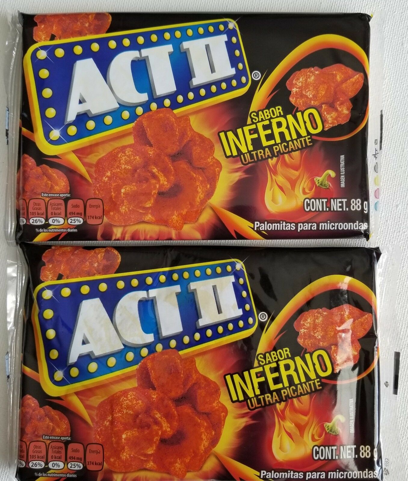 New 2 (two) Bags Act 2 Ii Popcorn Infierno Spicy Flavor Free Worldwide Shipping