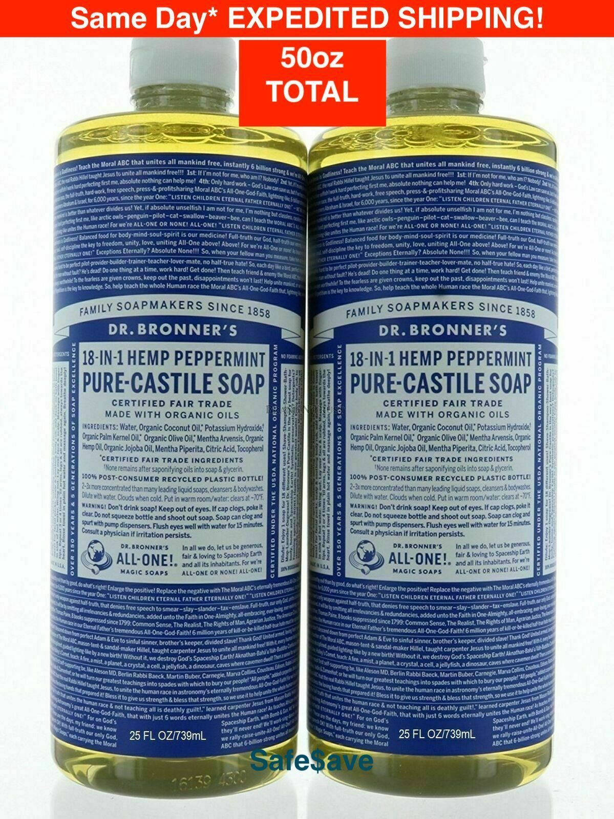 50 Oz Dr. Bronner's Pure Castile Soap18-in-1 Peppermint 2 Packs Total 50 Oz