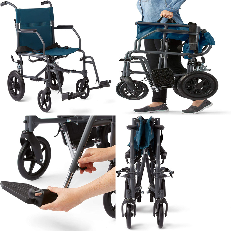 Medline Steel Transport Wheelchair Lightweight Portable Large 12” Back Wheel,tea