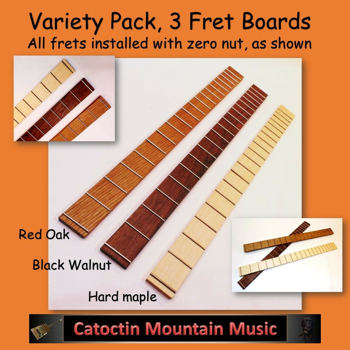 3 Cigar Box Guitar Fretted Fret Boards. Red Oak ,hard Maple, Black Walnut