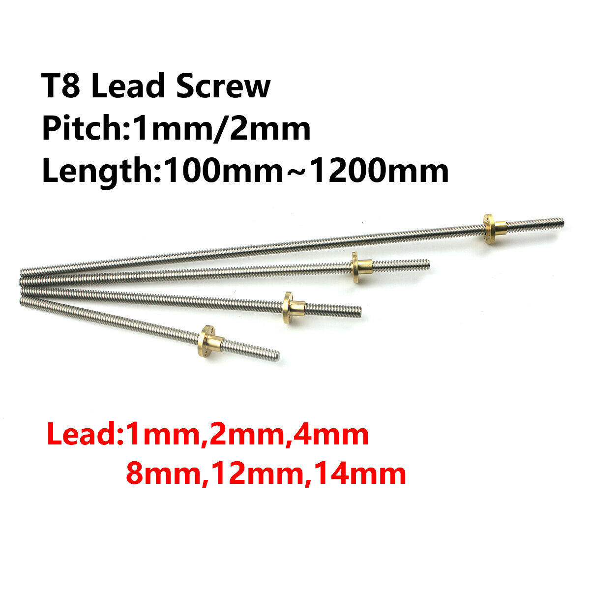T8 Lead Screw Pitch 1mm/2mm Lead 1/2/4/8/12/14mm Rod Stainless With Brass Nut
